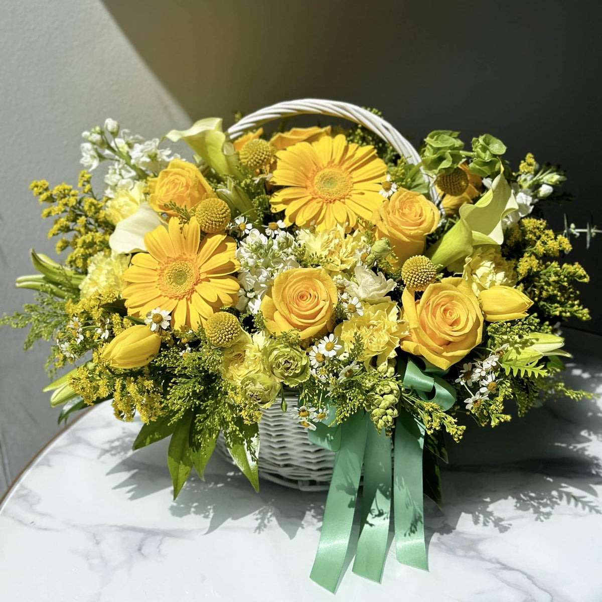 Flower field Yellow Gerbera Daisies, Camomiles, and Roses Floridens
