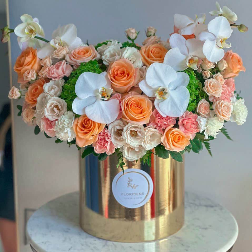 Gold box peach roses with orchids delivery Los Angeles, CA Floridens
