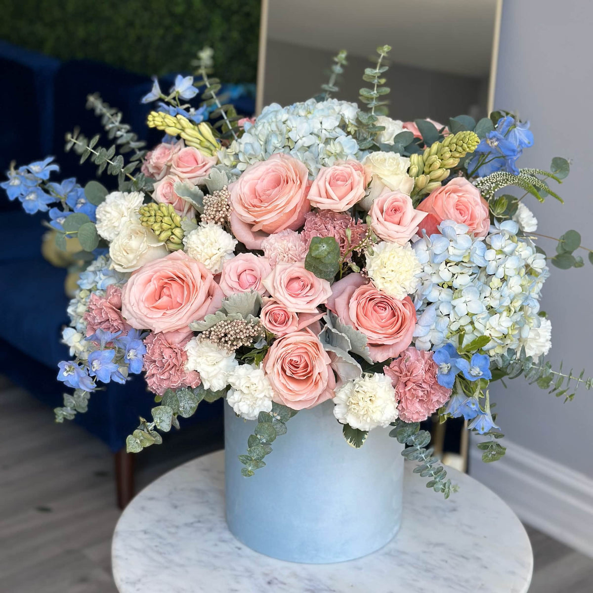 Shop Wonderland Flower Box Blue with Hydrangeas, Peach Roses in Burbank
