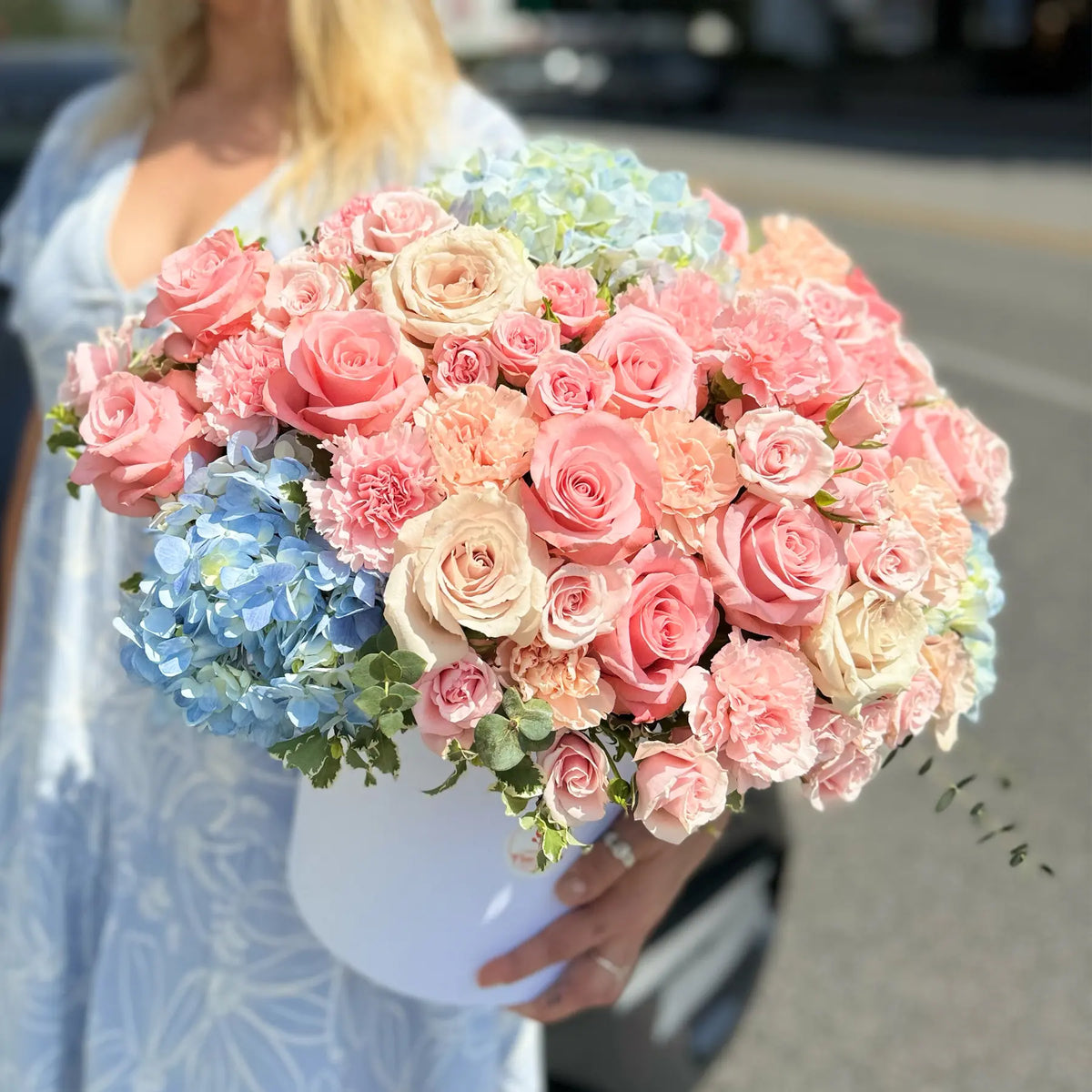 Alice in Wonderland Flower Arrangement Blue Hydrangeas, Pink & White