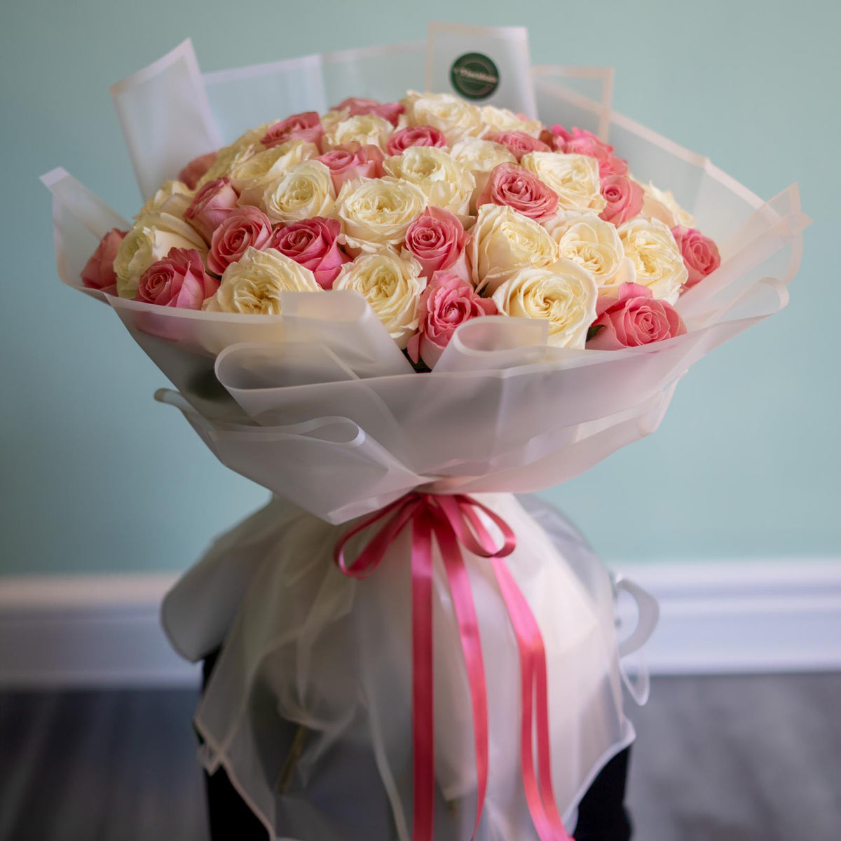 White and Pink Roses Arrangement (also available in red color)