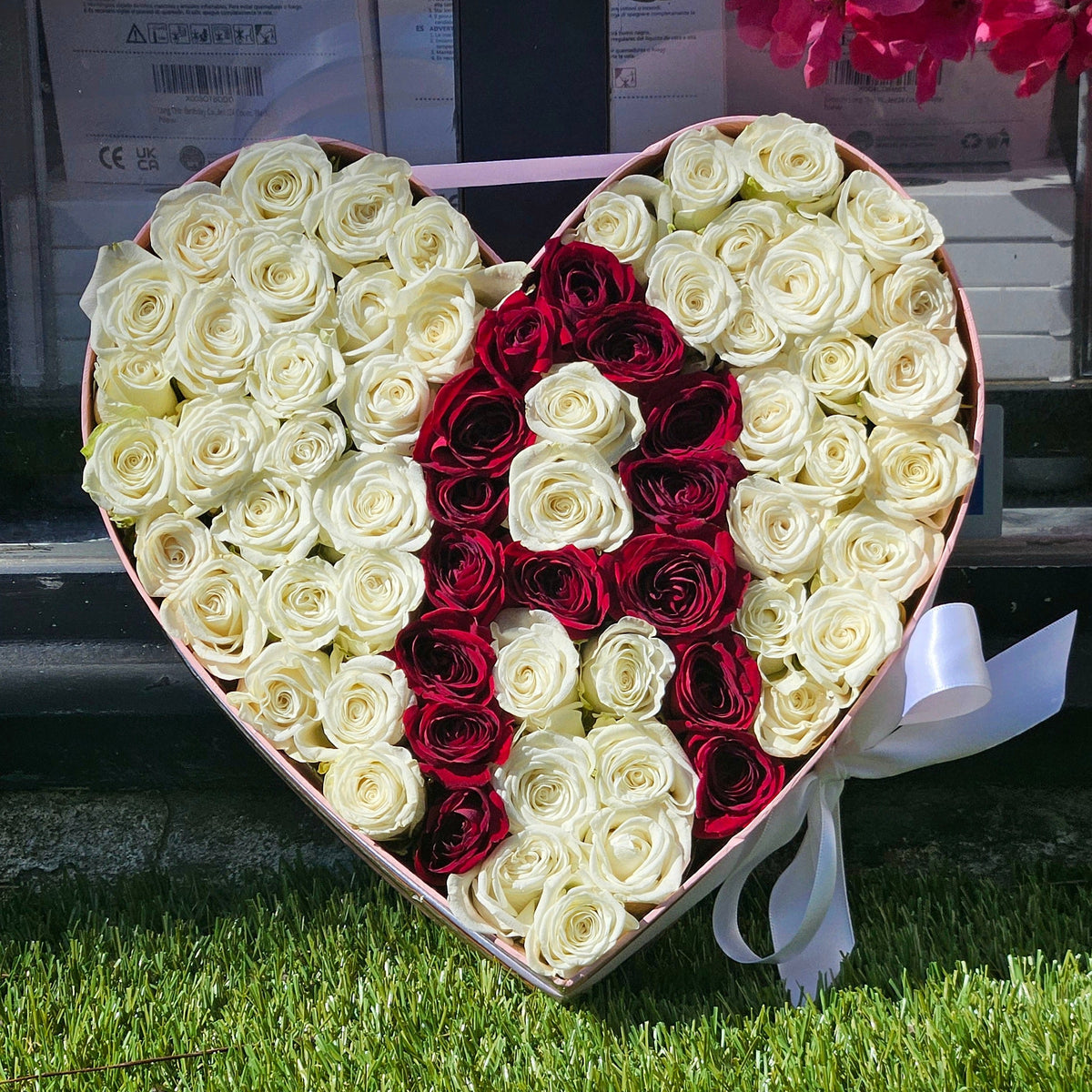 Heart-Shaped Rose Box with Custom Red Initial on White Roses